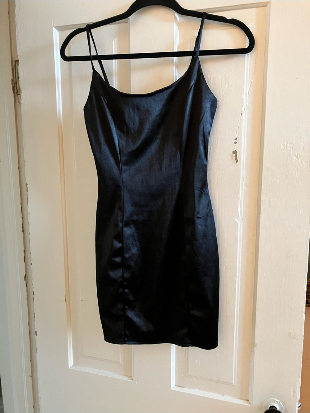 Better Be Black Satin Mini Slip Dress with Spaghetti Straps